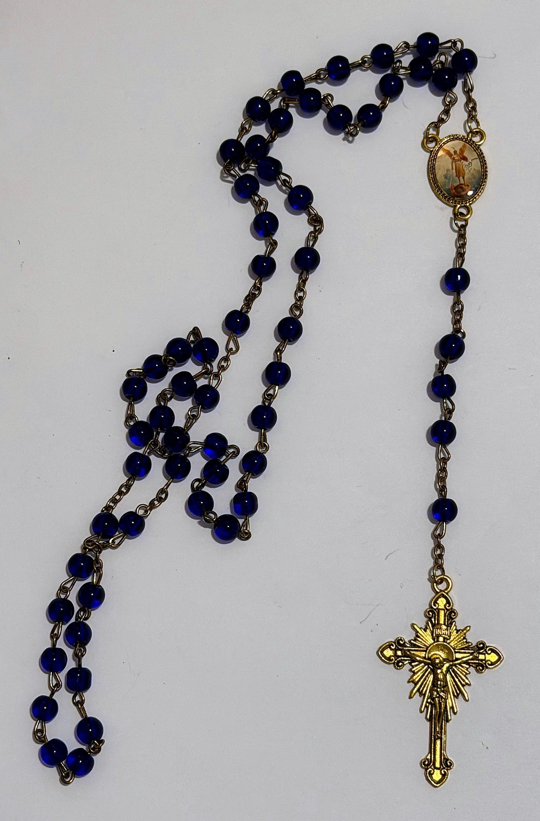 St Michael Archangel Rosary Cobalt Blue Glass Beads Gold Tone Crucifix NEW