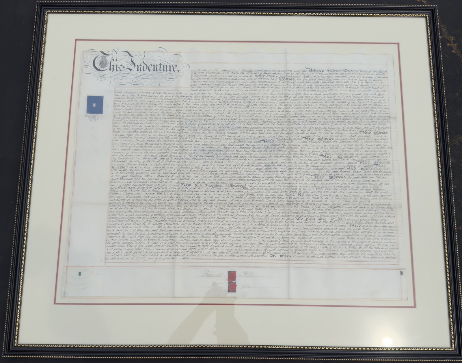 1865 Victorian English Indenture Deed on Vellum Framed Wax Seals Revenue Stamp