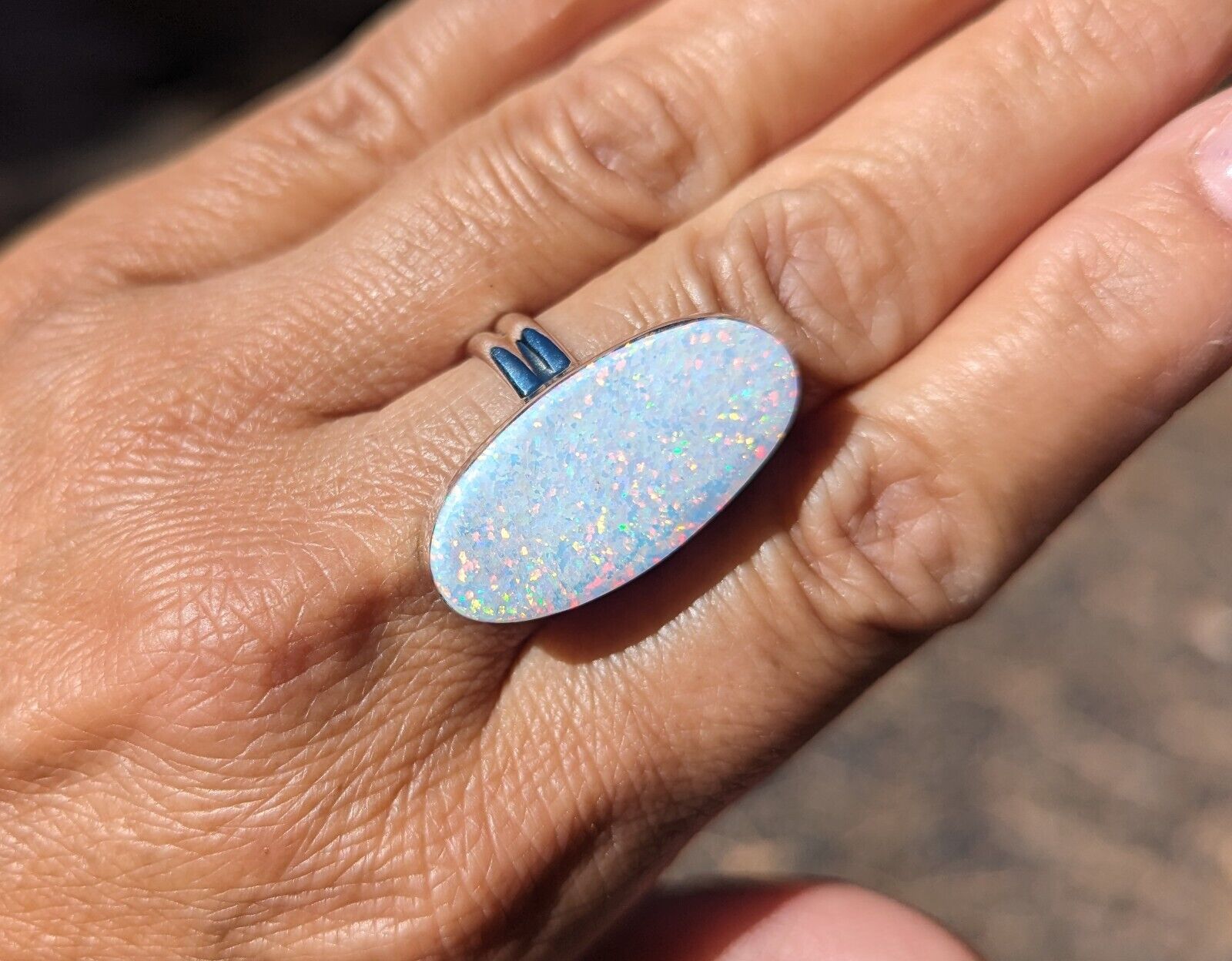 Navajo Ring Large Manmade White Opal Stone Signed NA Silver Jewelry Sz 9.25