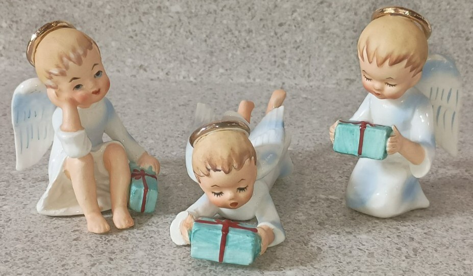 VTG Schmid Brothers Porcelain BLUE Set 3 Angel Figurines Presents Antique