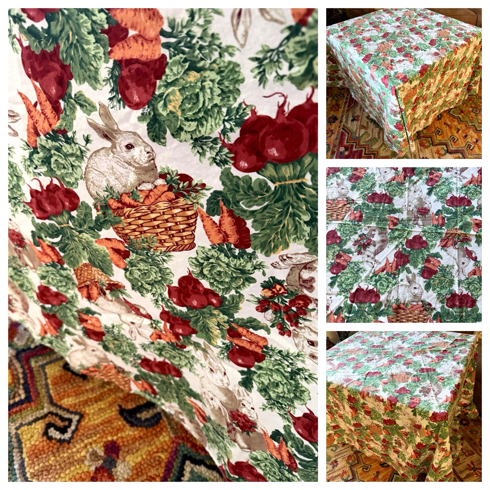 VTG 1980\'S WATERFORD LINENS GARDEN & RABBITS COTTON ROUND TABLECLOTH - 87\