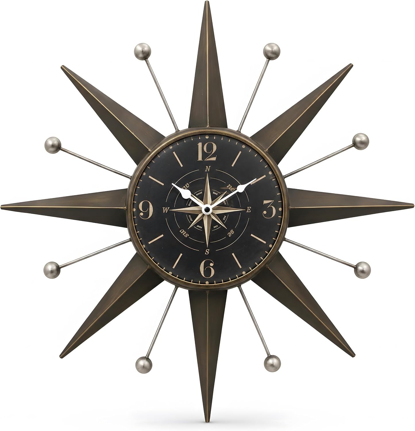 23.4-Inch Starburst Wall Clock, Mid Century Antique Bronze 23.4-Inch Starburst Wall Clock, Mid Century Antique Bronze