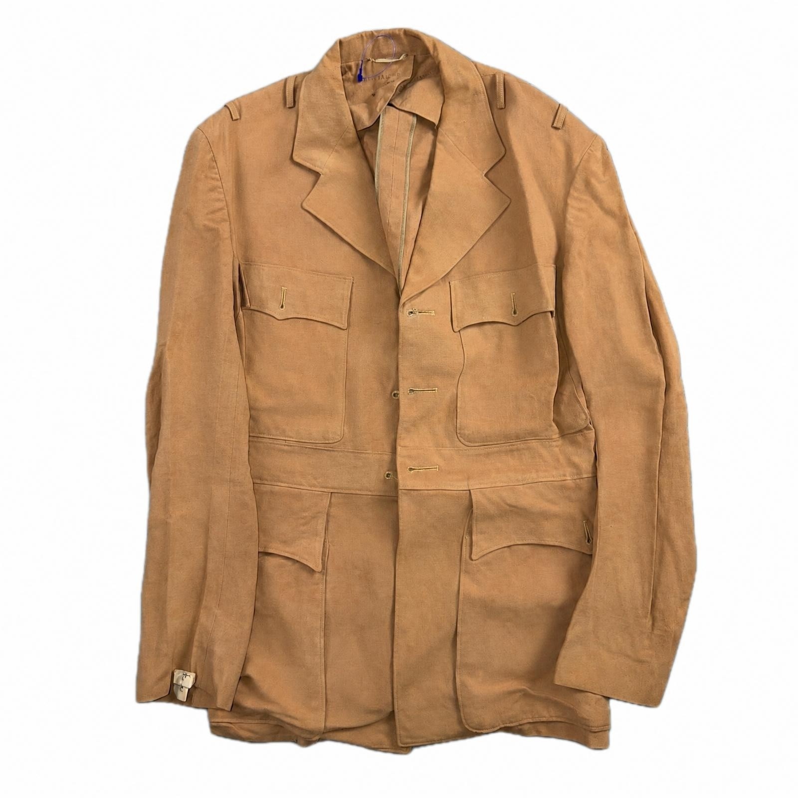 40s Jacket 1940s Military Uniform Tan Wool Tailored Button Front Long Coat VTG