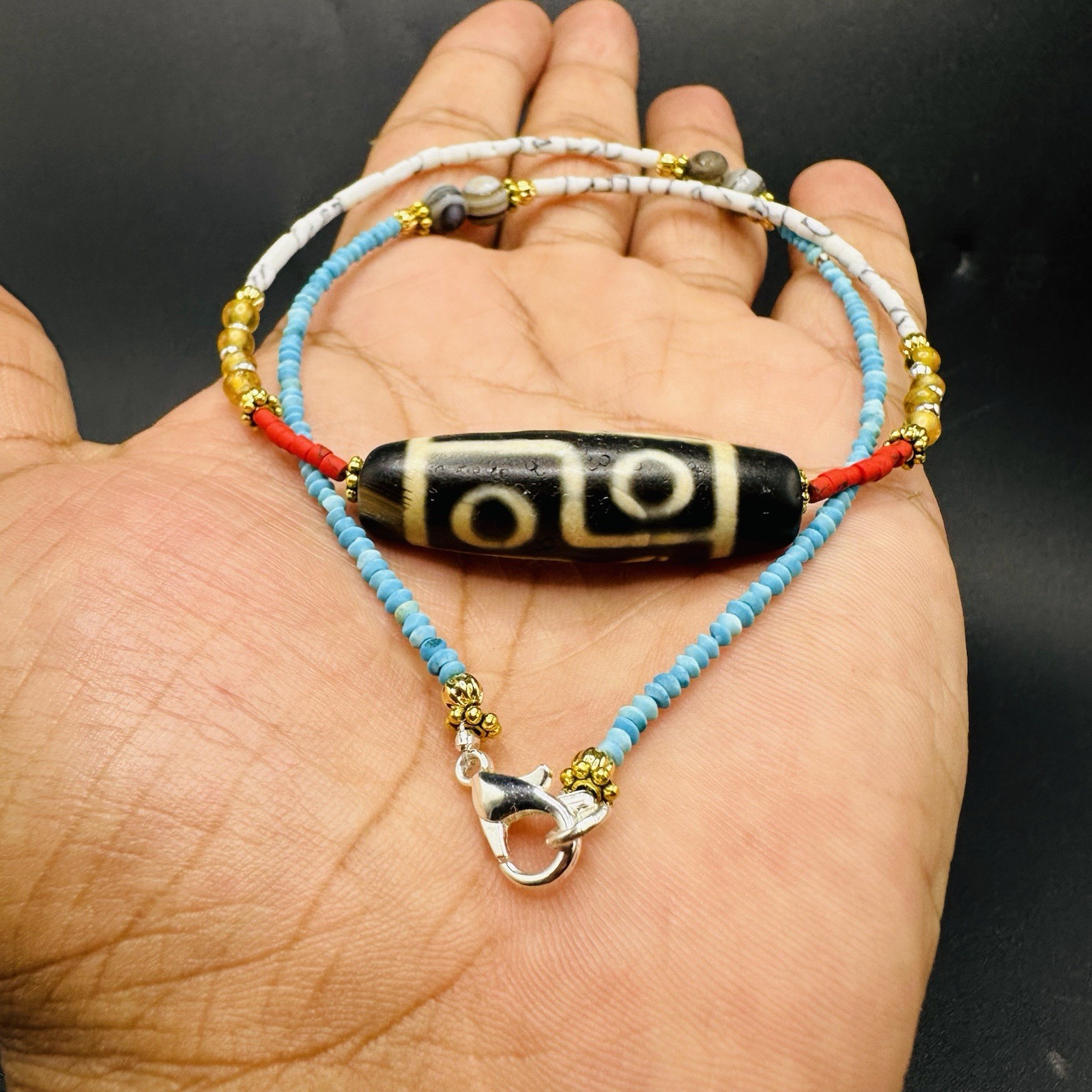 Antique Tibetan Old ‑Eye Dzi Bead Necklace, Antique Tibetan Old ‑Eye Dzi Bead Necklace,
