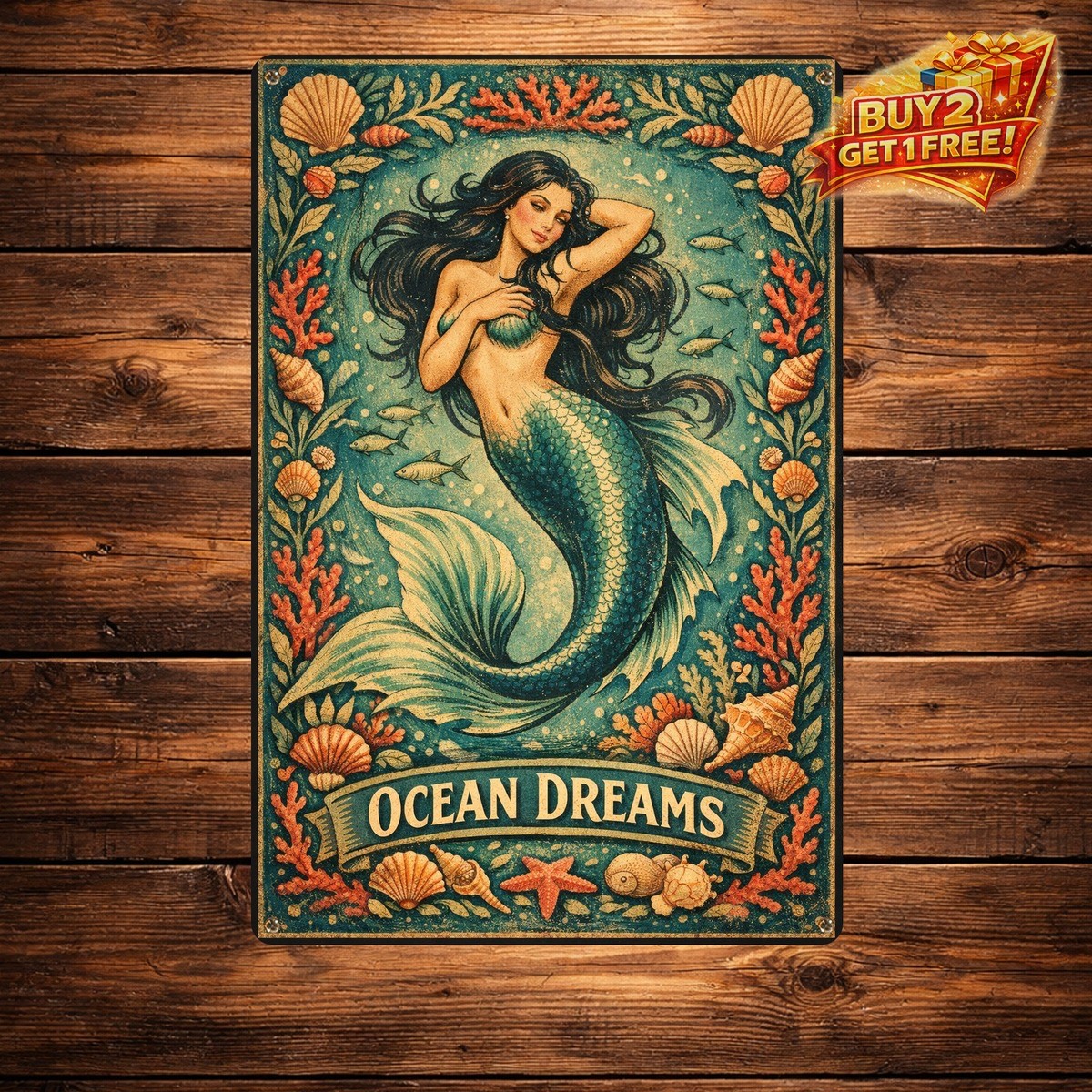 Mermaid Art Long Black Hair Metal Sign 8x12 Nautical Bathroom Wall Decor
