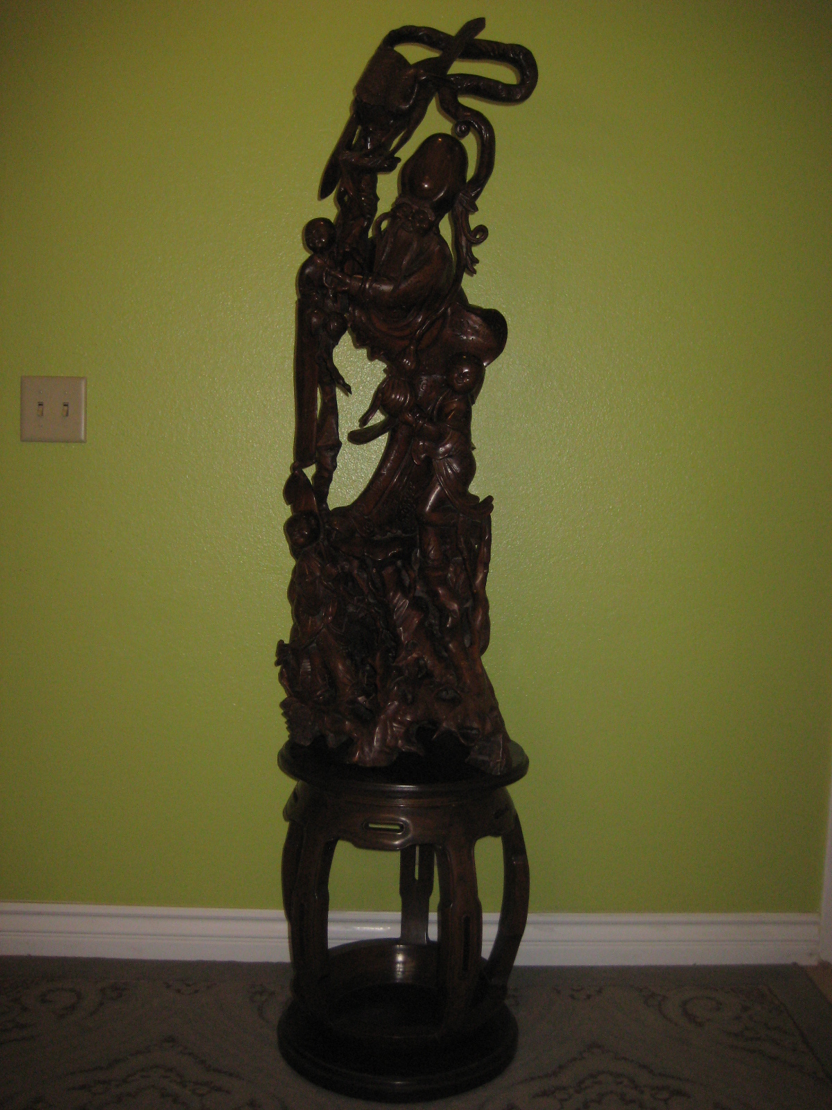 Huge VTG Chinese Handcarved Wooden Old Monk w/3 Young Monks Sculpture w/Stand