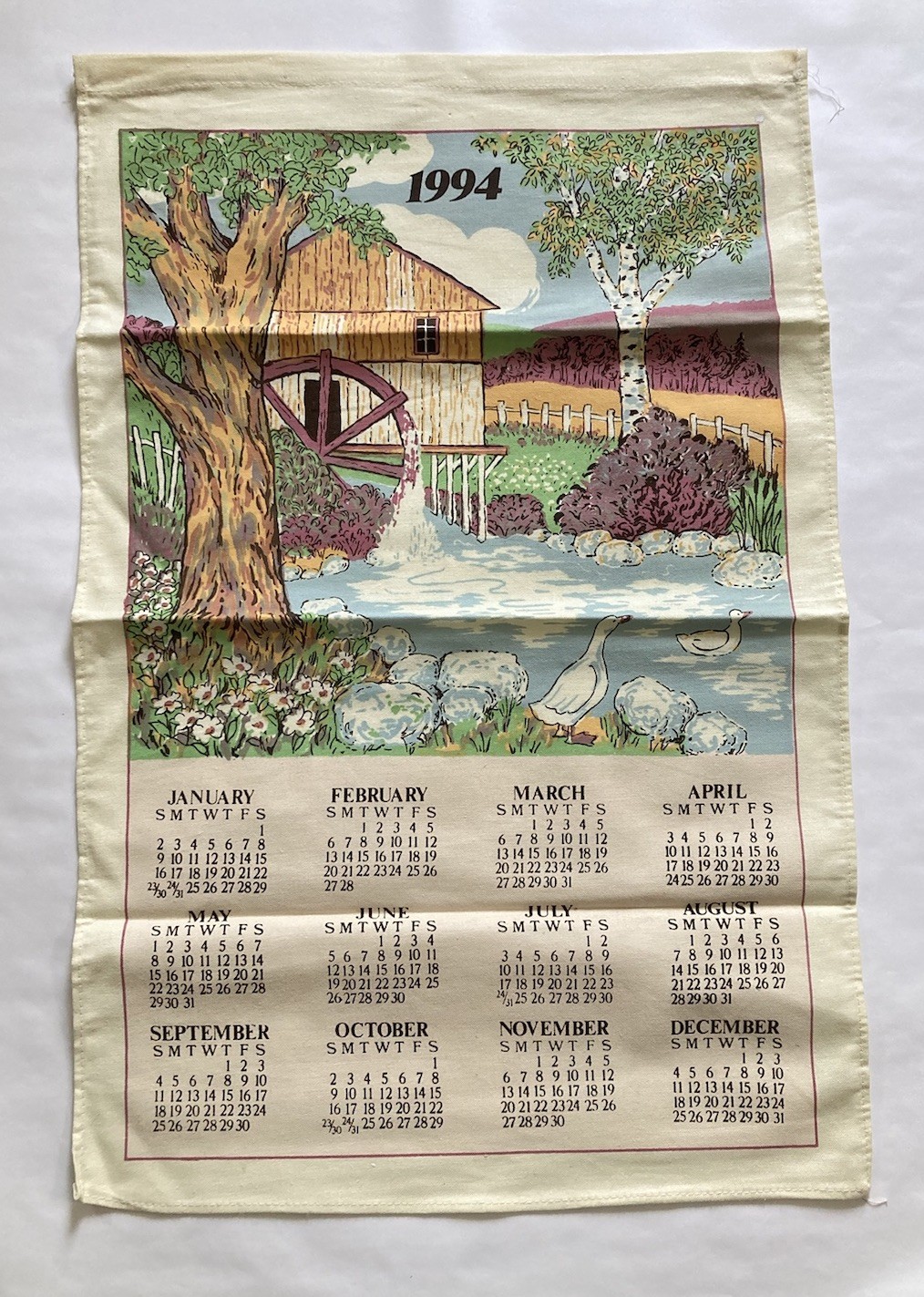 Vintage Cloth Calendar 1994 Kitchen Tea Towel Linen Watermill River Ducks Trees
