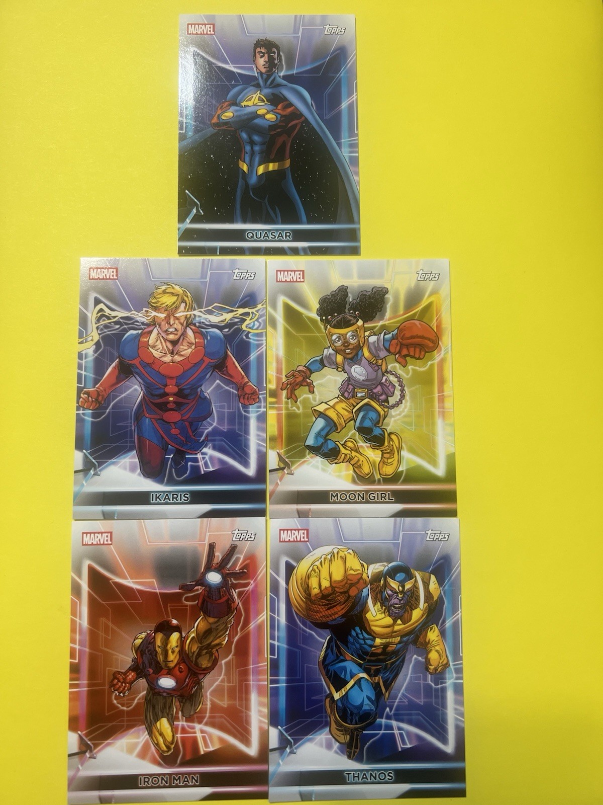 2026 Marvel Neon – 5 Card Lot – Iron Man, Thanos, Ikaris, Moon Girl & Quasar