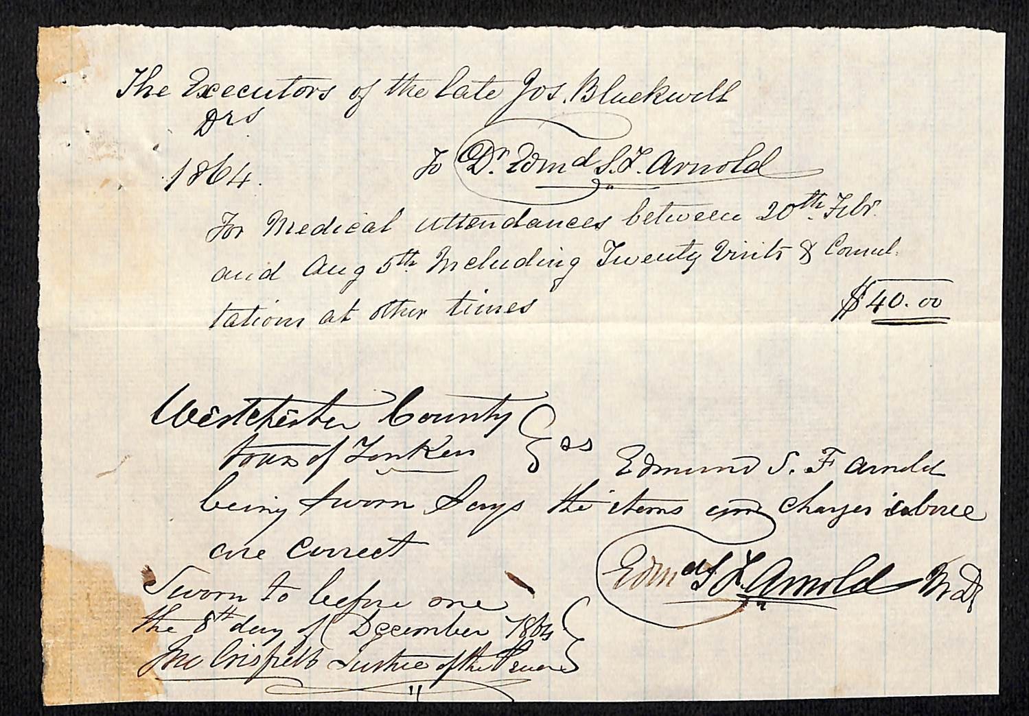 1864 Yonkers, NY - Edmond S. Arnold, MD Medical Bill Affidavit - 20 Visits $40