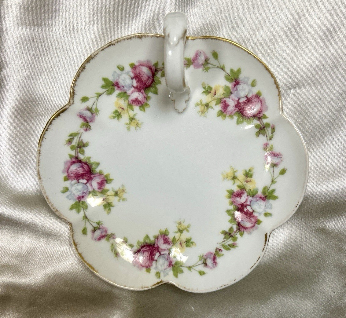 T&V Limoges France Porcelain Tray Pink Roses Gold Gilt Antique