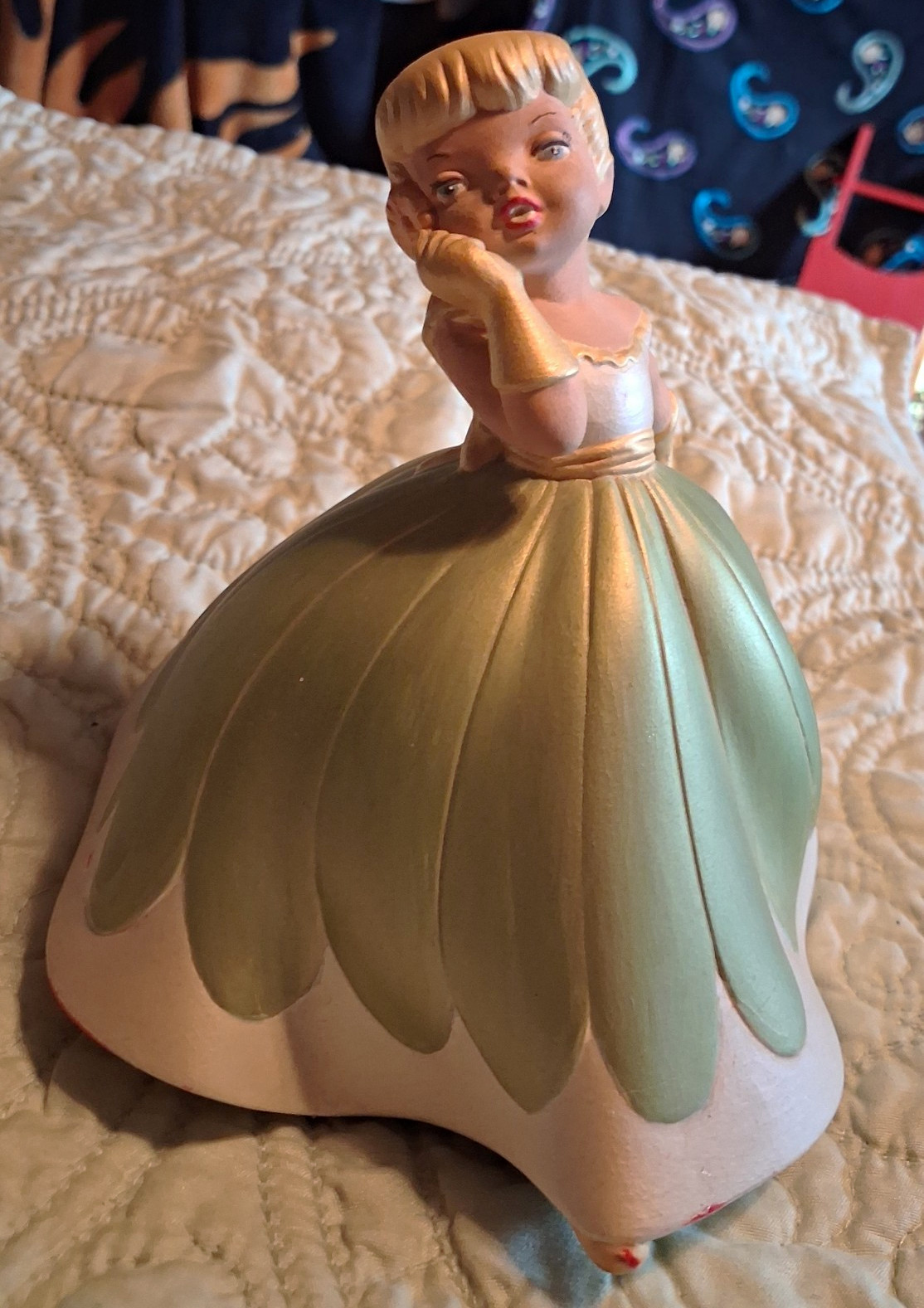 Vintage Girl Figurine Green/White/Gold Painted People Theme Decorative
