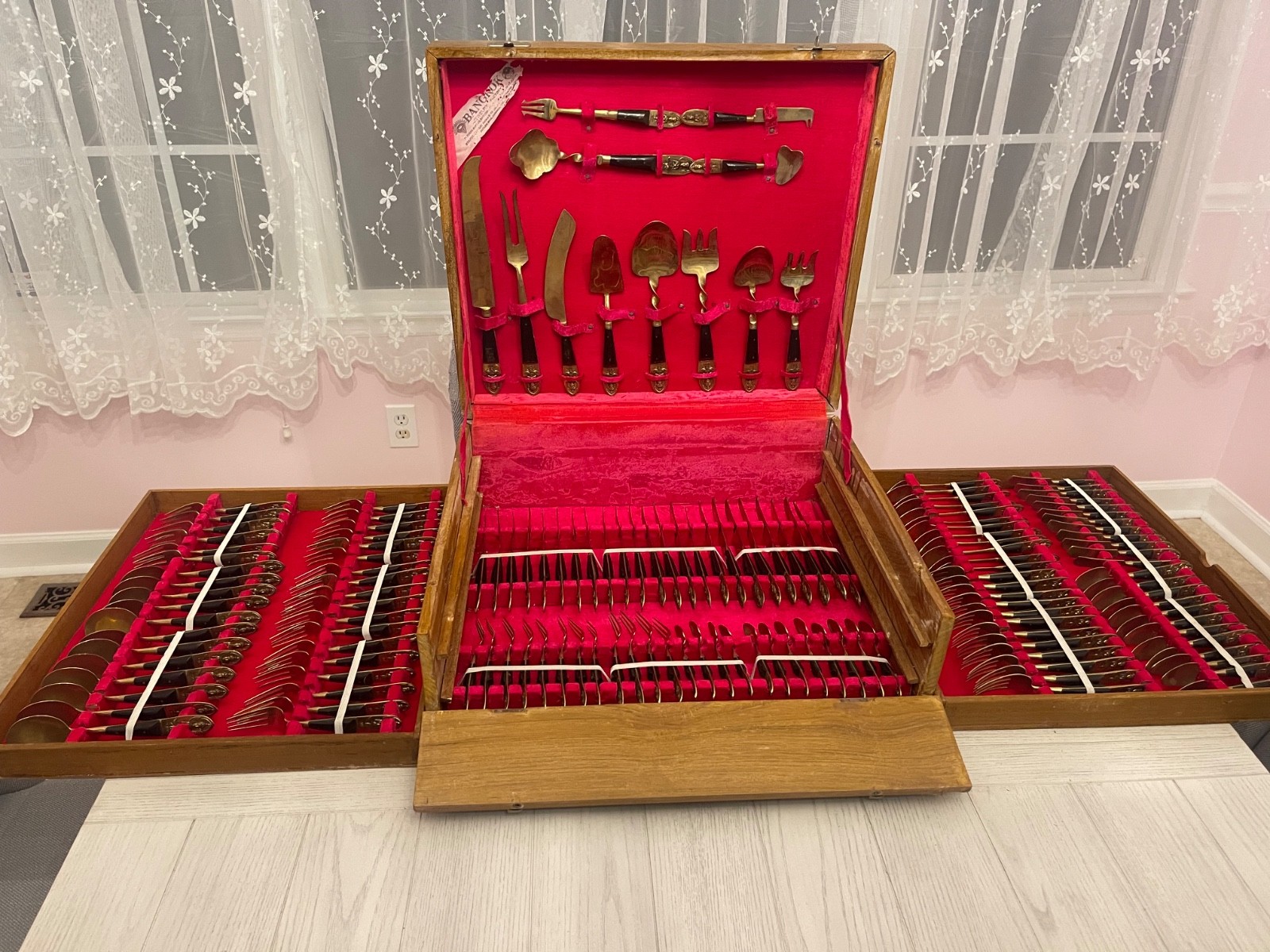 144 Pc Vintage Siam Thai Flatware Set Bangkok Jewelry Factory Original Wood Case