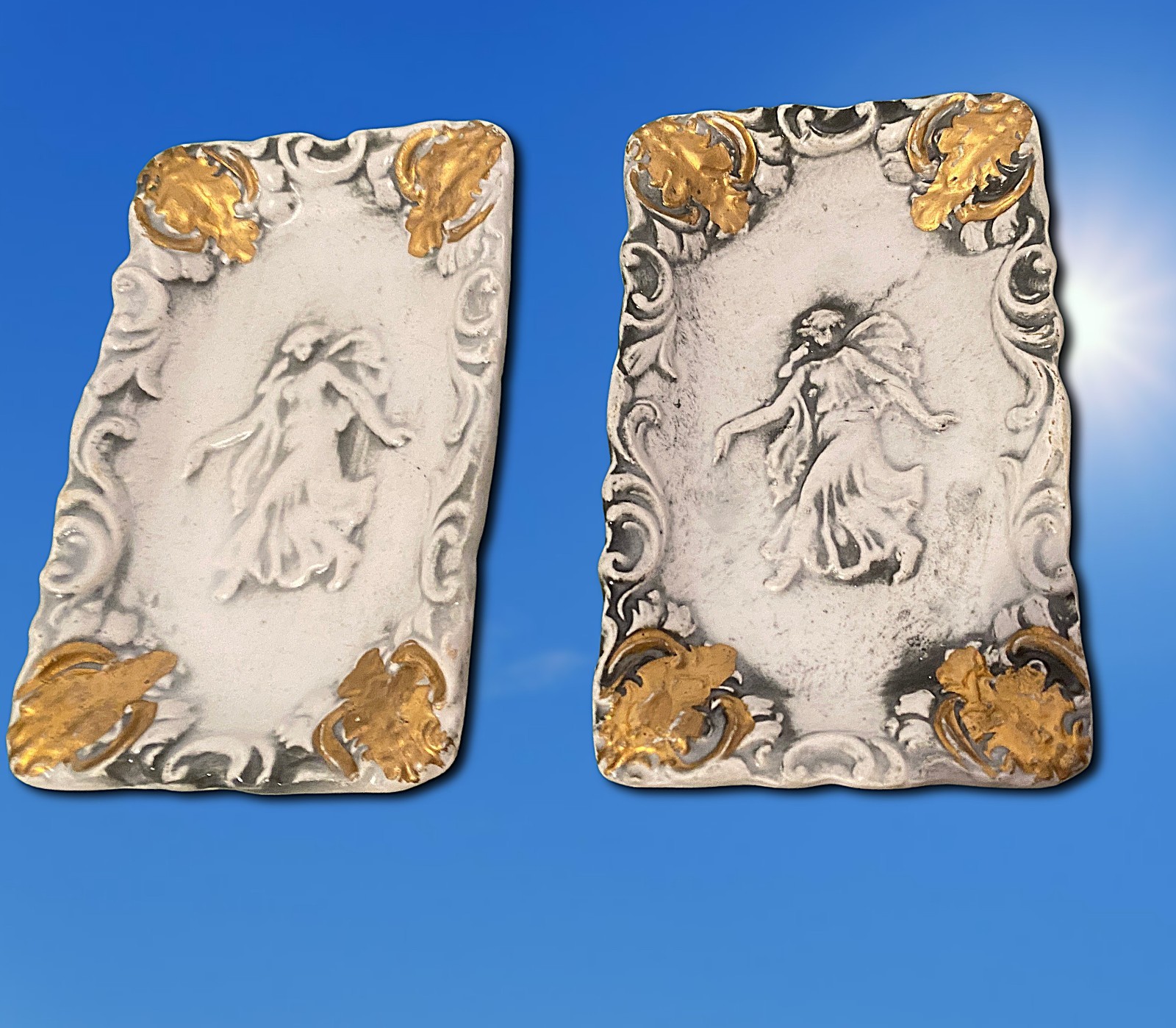 Royal Sealy Japan Three Graces Trinket Tray SET 2 White Gold Relief Vtg 1950s
