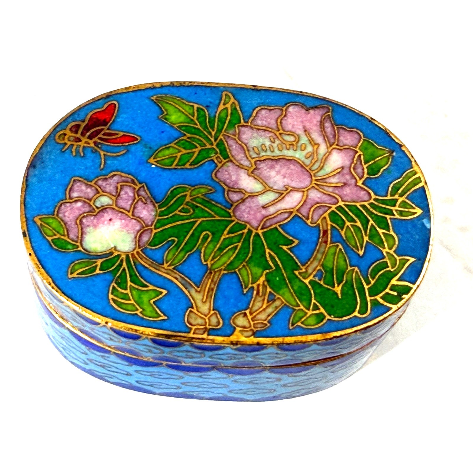 Vintage Chinese Cloisonne Trinket Box Blue Enamel Peony Butterfly Brass