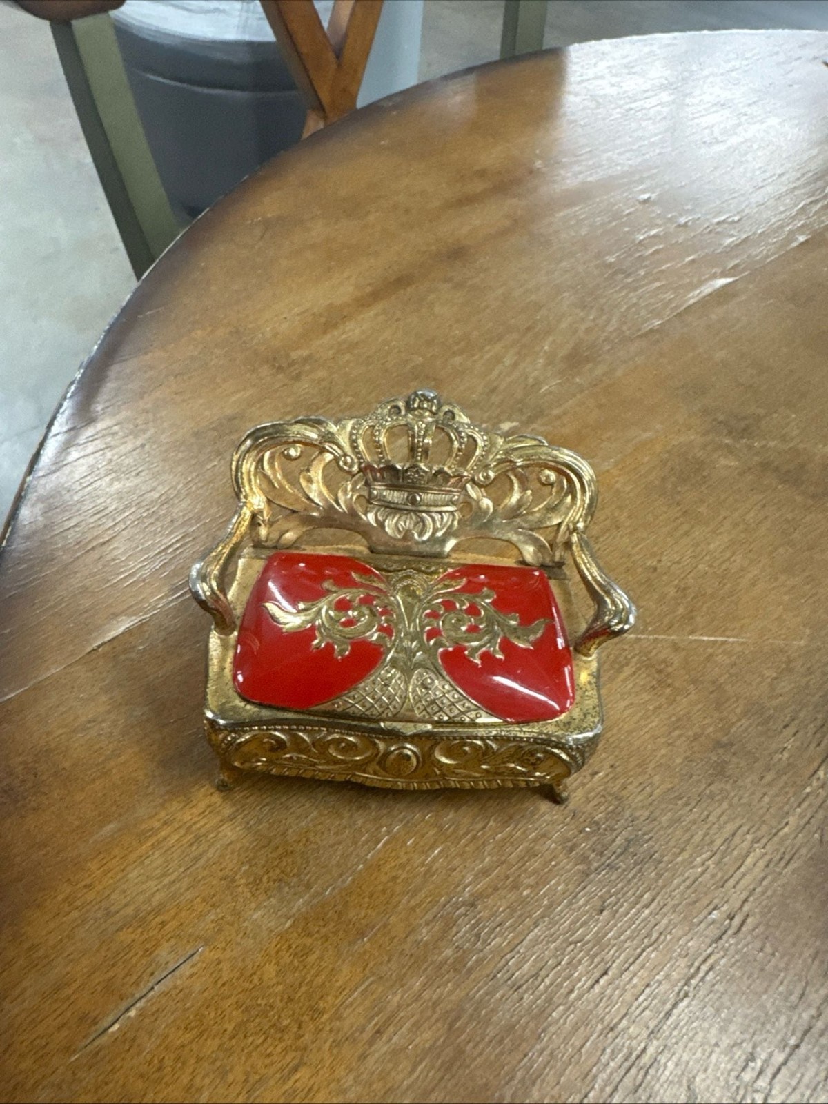 Vintage Gold Tone Antimony Rococo Crown Chair Trinket Box Vintage Gold Tone Antimony Rococo Crown Chair Trinket Box