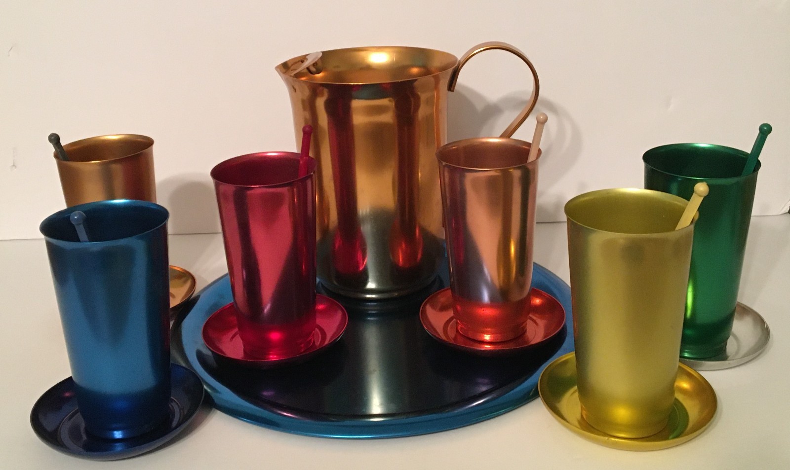 Vintage Emson-Ware Aluminum Beverage Set Anodized Lustrous Colors with Box-NICE