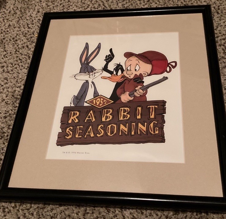 VTG 1994 Looney Tunes “Rabbit Seasoning” Framed Art Print Bugs, Daffy. VTG 1994 Looney Tunes “Rabbit Seasoning” Framed Art Print Bugs, Daffy.