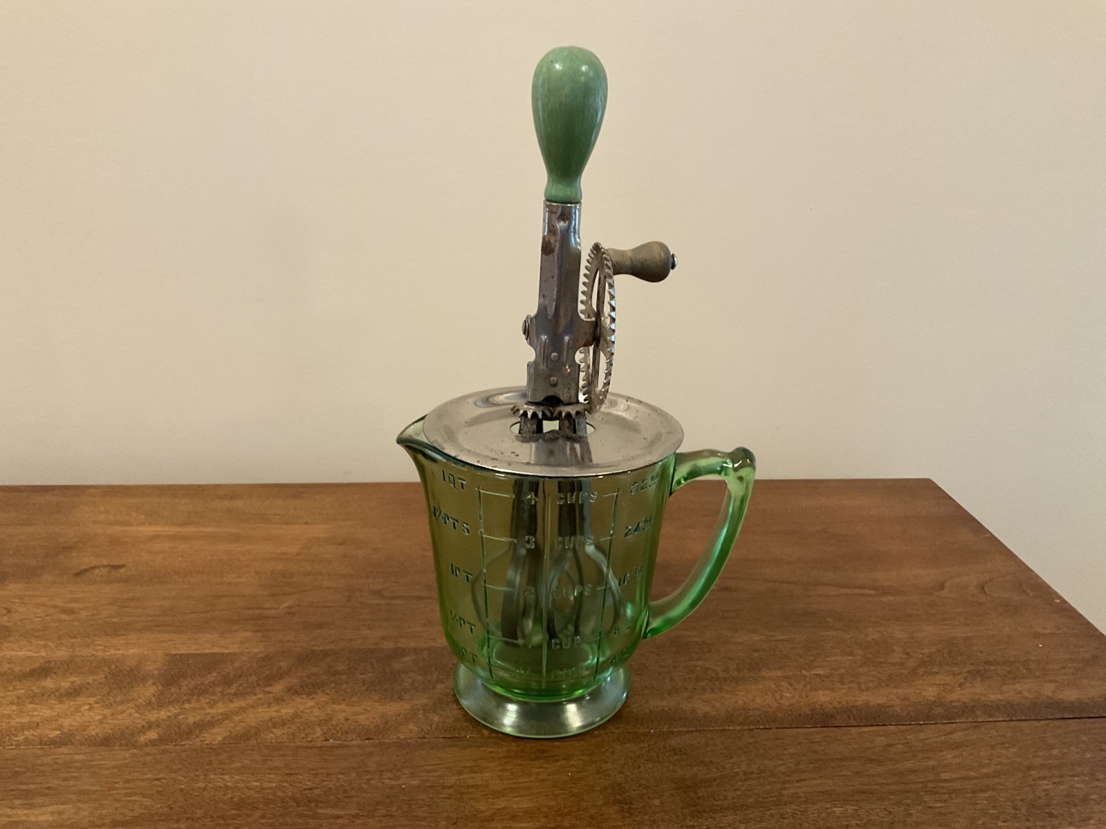 Vintage A & J Egg Beater With Green Uranium Glass 4 Cup Measuring Cup Vintage A & J Egg Beater With Green Uranium Glass 4 Cup Measuring Cup