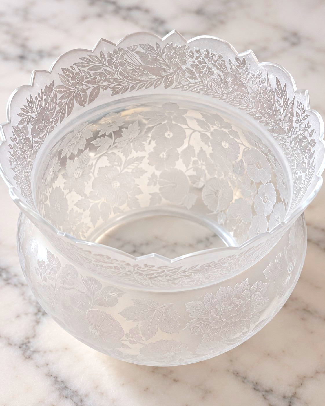 Antique Frosted Etched Glass Kerosene Oil Lamp Globe Shade Floral Scalloped Rim