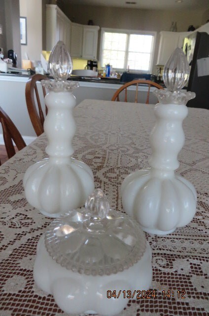 Vintage 1940's Fenton Silver Crest Melon Perfume Bottles & Powder w. Stoppers Vintage 1940's Fenton Silver Crest Melon Perfume Bottles & Powder w. Stoppers