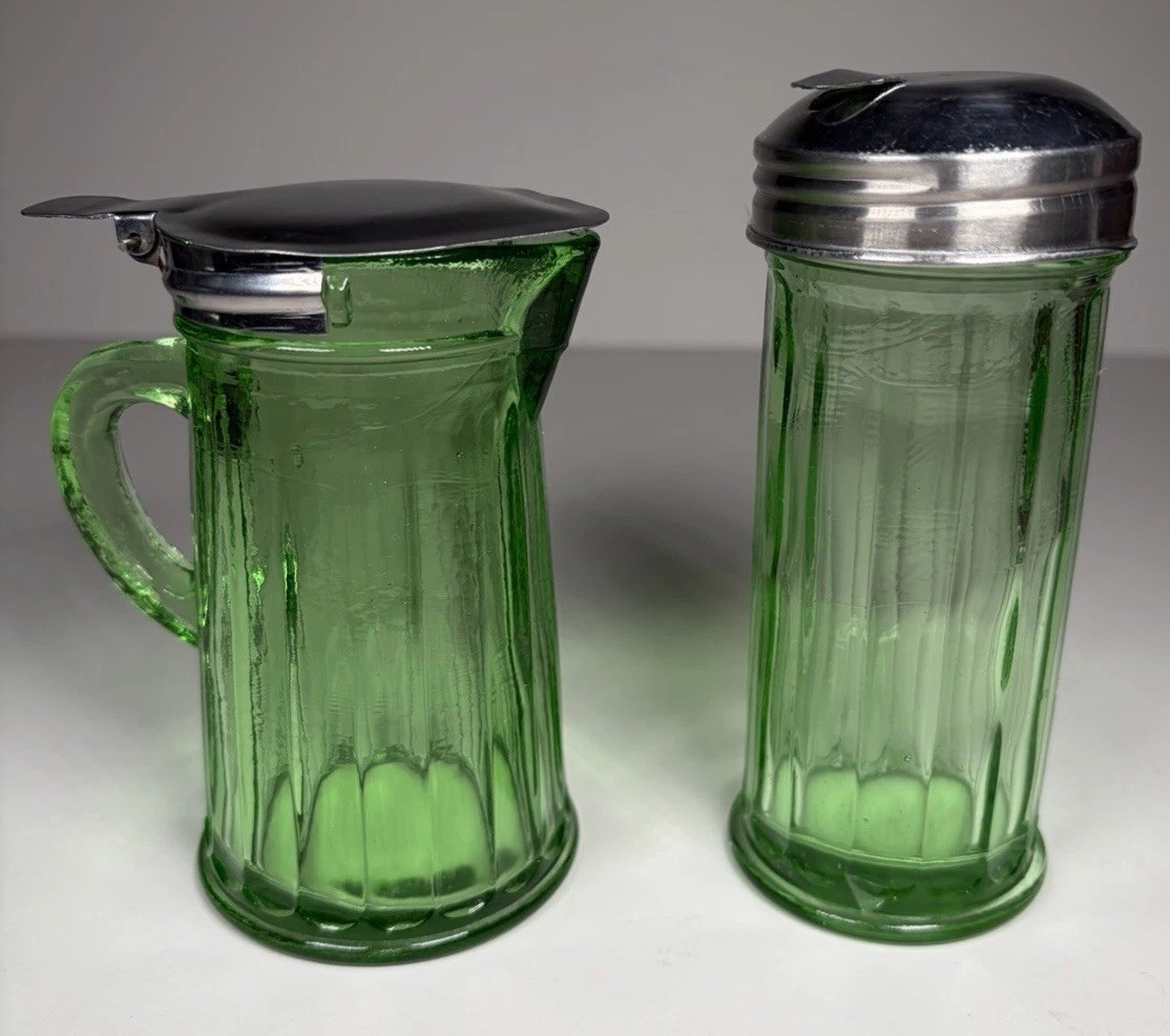 VTG Set Uranium Green Depression Glass Creamer & Sugar Set w/ Metal Lids