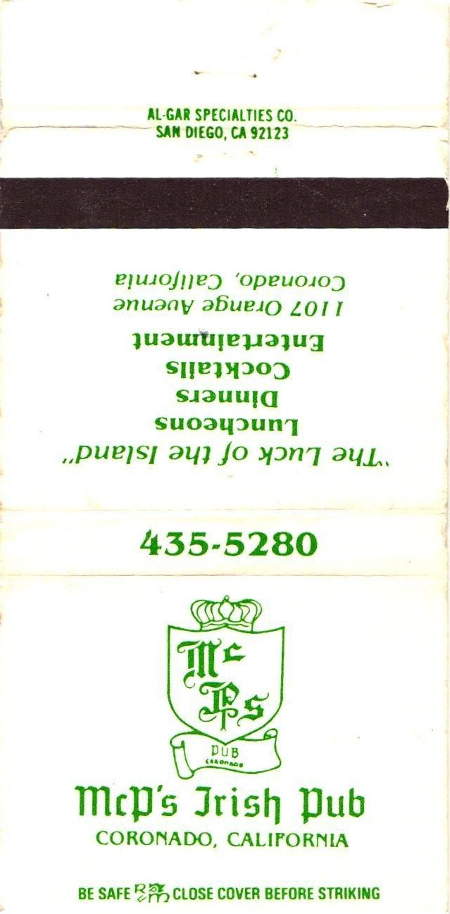 McP's Irish Pub Coronado CA Vintage Matchbook Cover 1970s