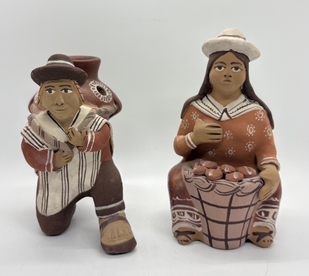 Peruvian Folk Art Artisan Clay Pottery Figurines - Set of 2 - Quinua Ayacucho