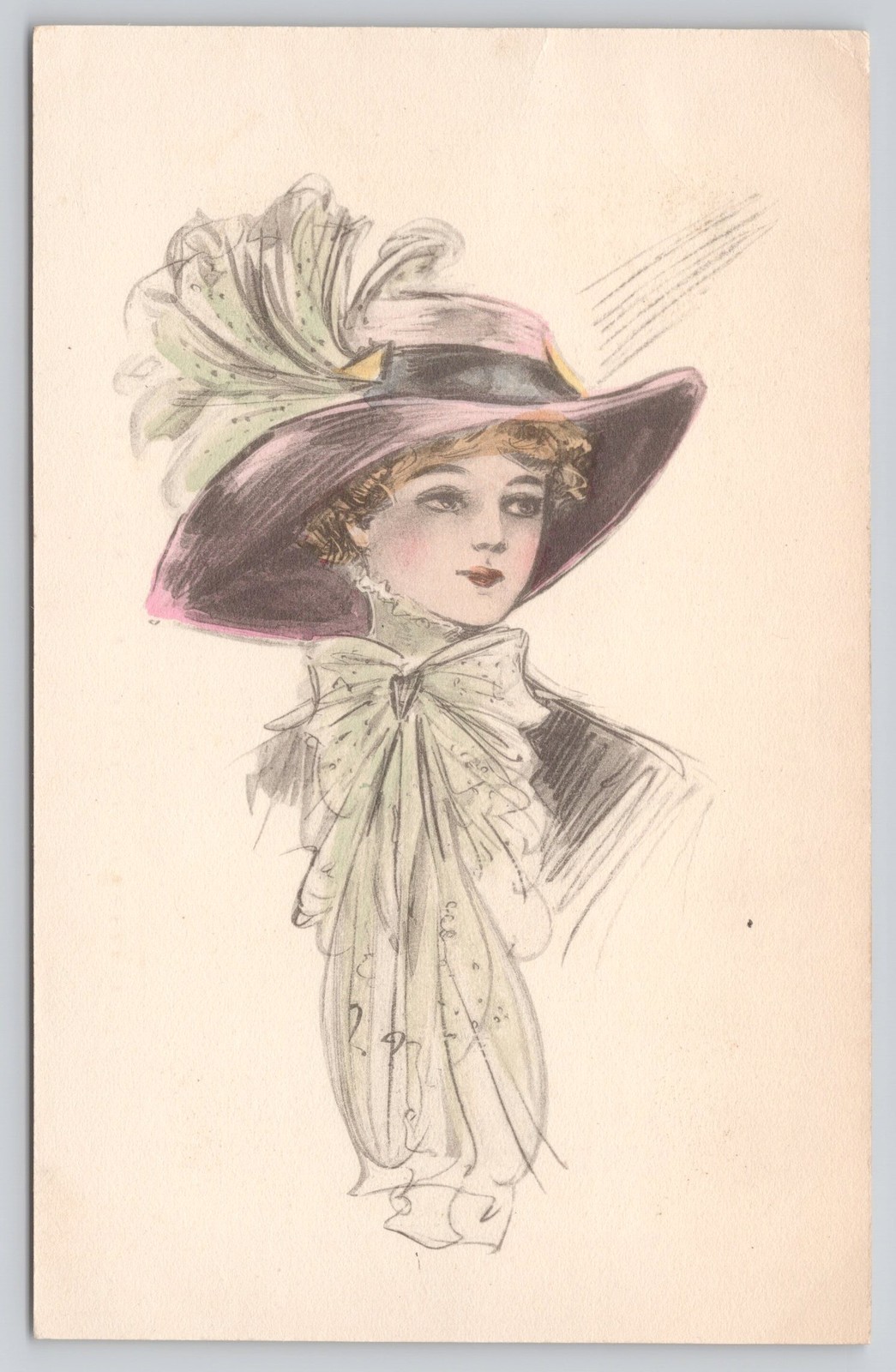 Edwardian Big Hat Fashion Lady Postcard c1910 Schlesinger Bros Divided