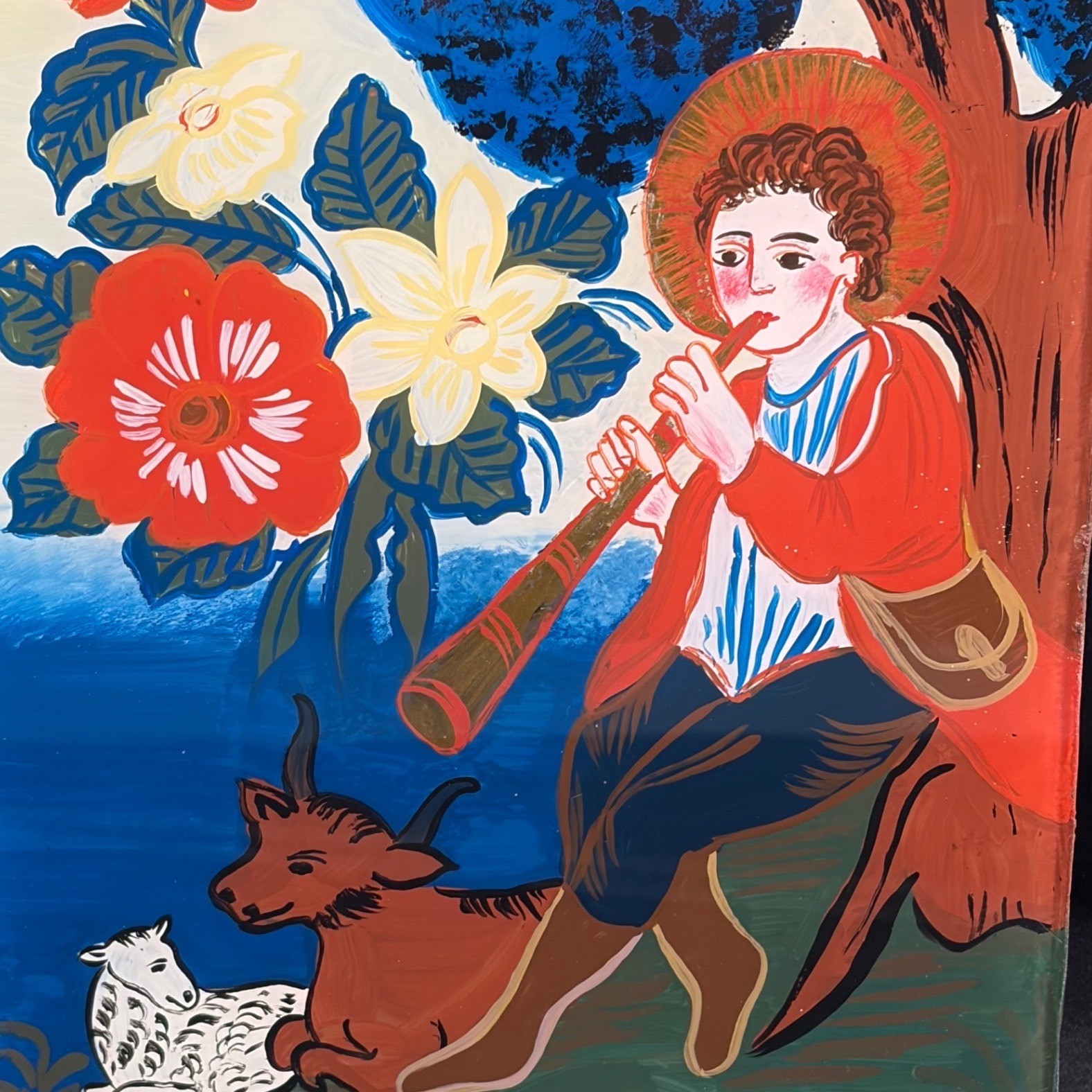 Antique St Wendelin Patron of Shepherds Folk Art Reverse Glass Painting 8x5