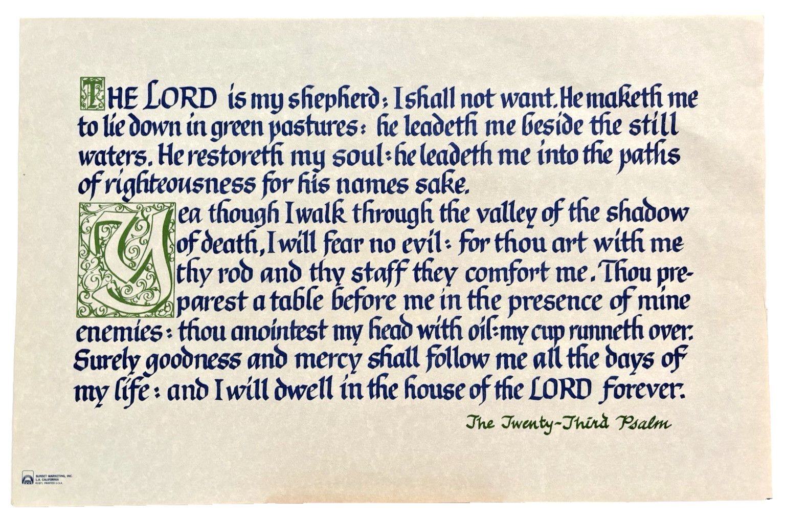 Vintage 1971 Sunset Marketing Illuminated Psalm 23 The Lord Is My Shepherd Print
