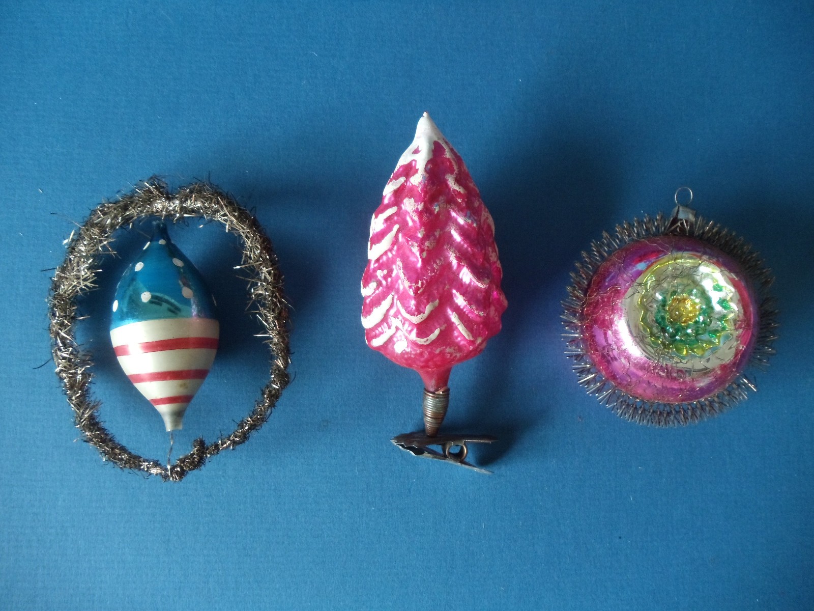 THREE Antique Mercury Glass Christmas Ornaments Patriotic Tree and Double Indent