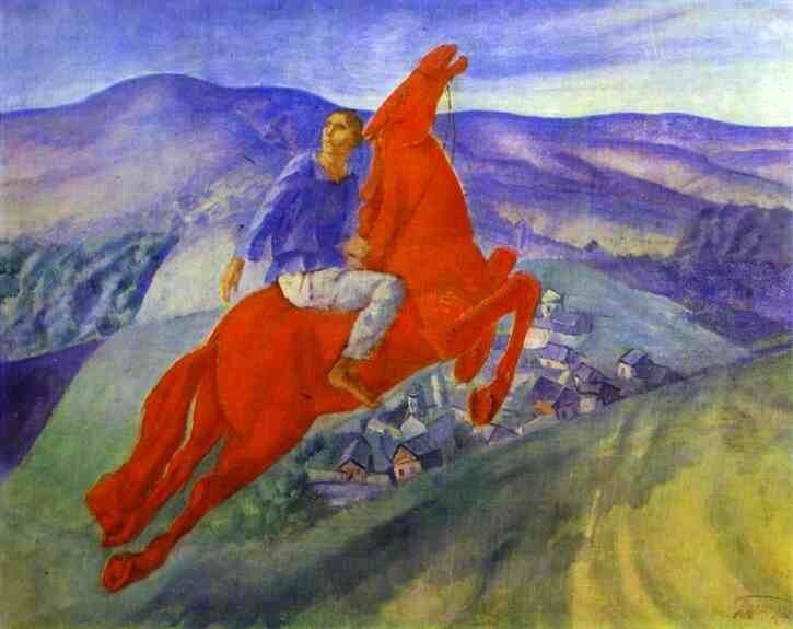 Oil painting Kuzma-Petrov-vodkin-Fantasy horseman red horse flying art