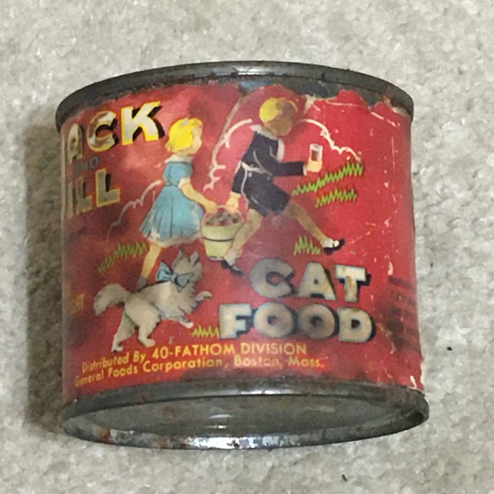 Vntg c1940s Jack and Jill Cat Food Can, Paper over Tin, General Foods, Boston MA