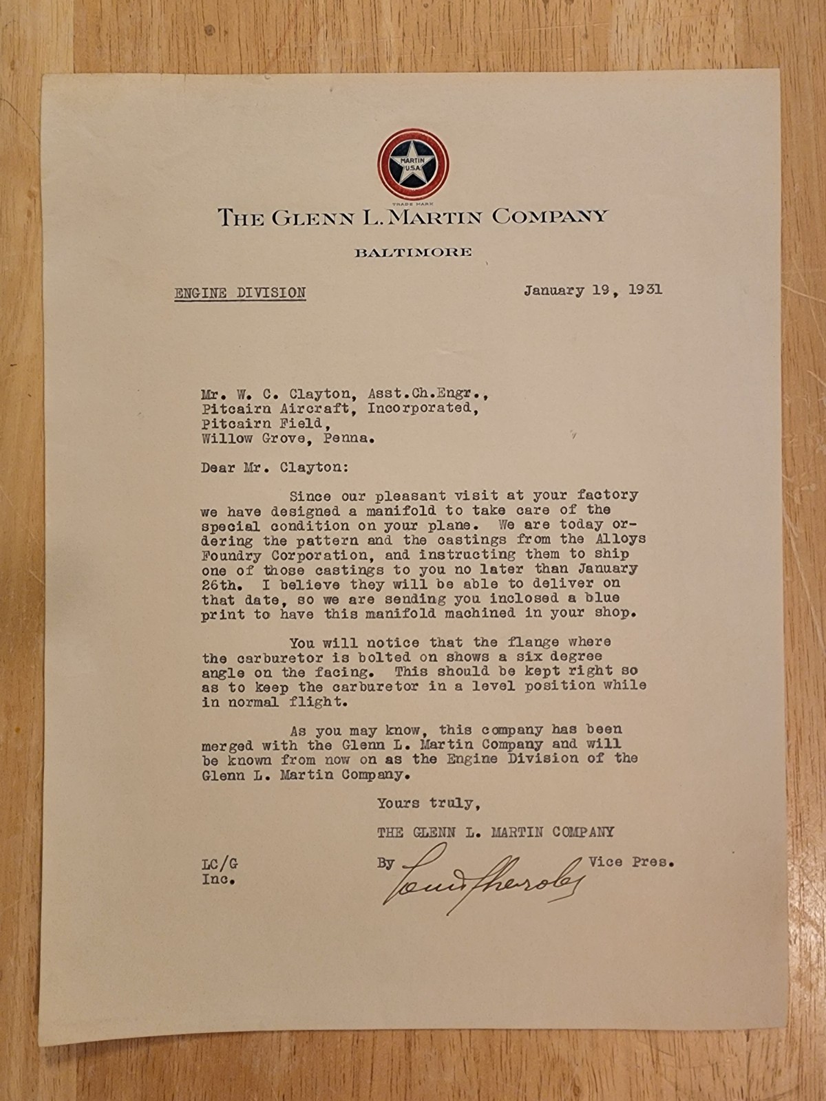 VERY RARE Louis Chevrolet SIGNED / AUTOGRAPH Letter, Glenn L. Martin LETTERHEAD