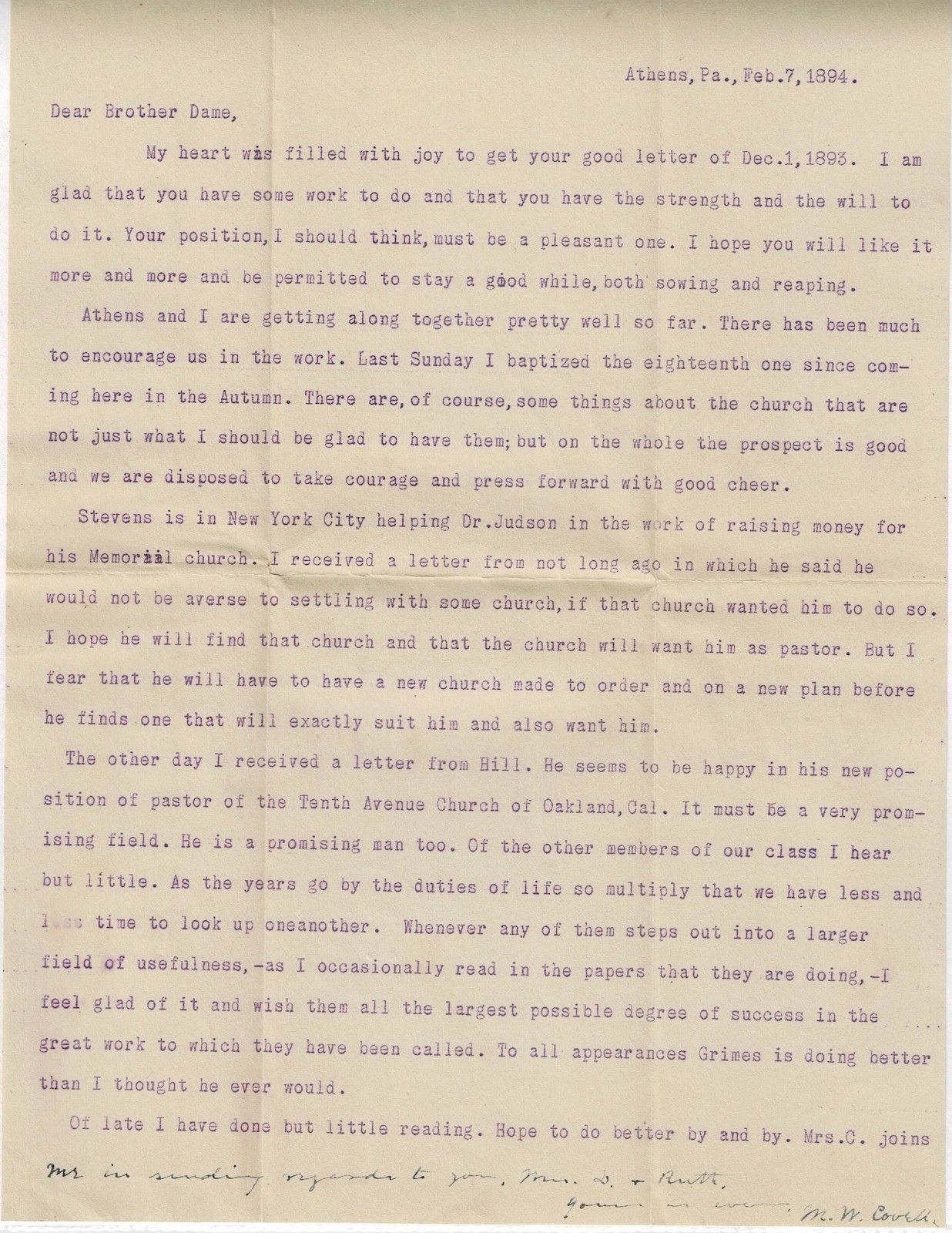 1894 Letter from Athens, PA to Huntington, IN