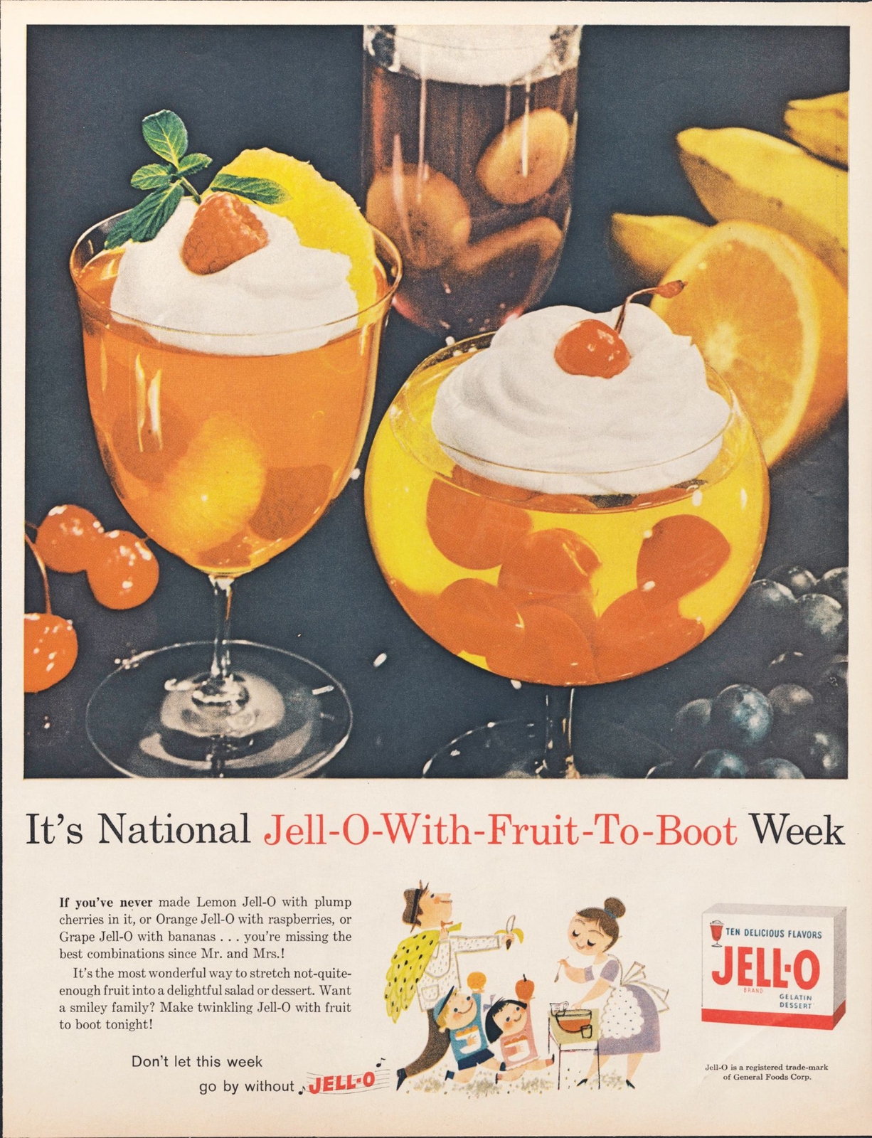 1959 Jello Fruit to Boot Vintage Print Ad Dessert Pudding Wall Art 10x13 50s 1959 Jello Fruit to Boot Vintage Print Ad Dessert Pudding Wall Art 10x13 50s