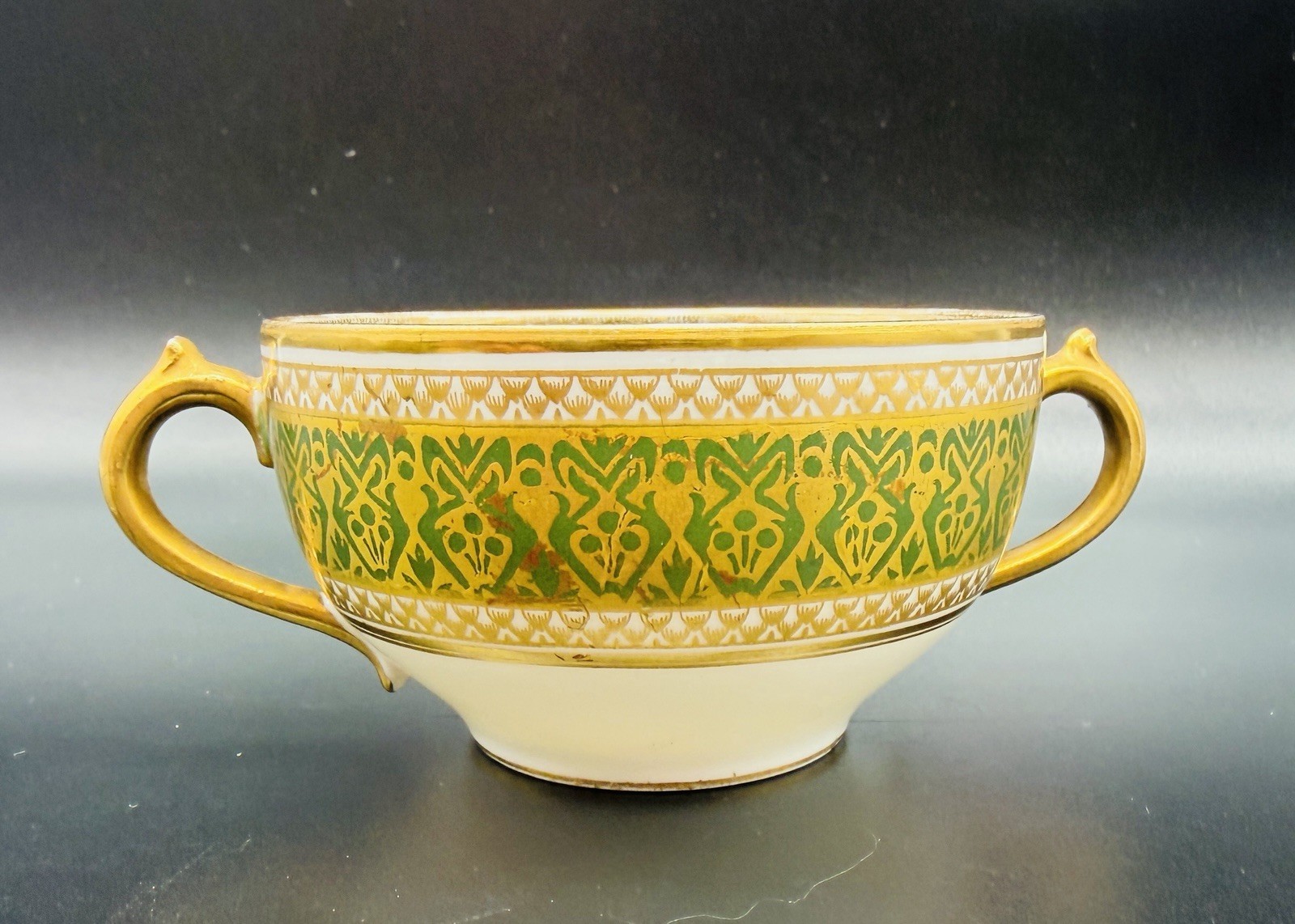 Antique Chas Field Haviland Limoges GDA Bouillon Cup Double Handle Green Gold
