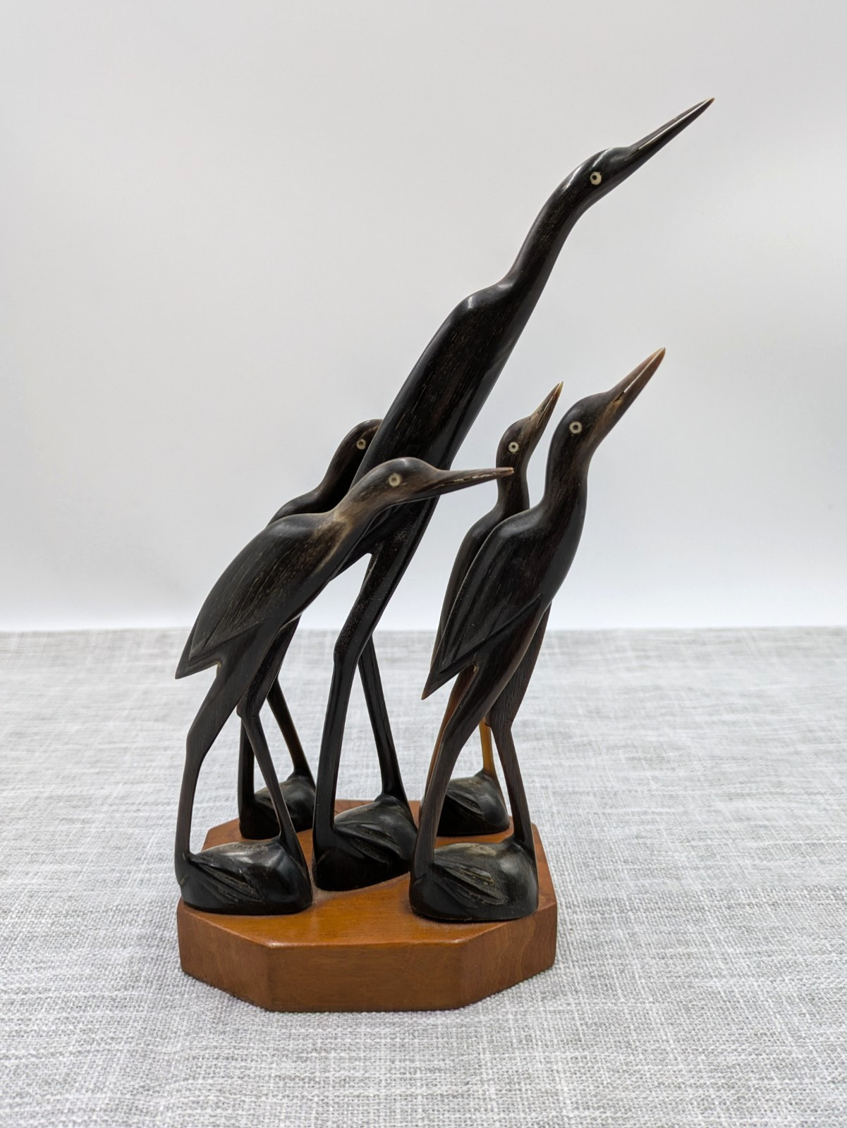 Vintage Carved Water Buffalo Horn Heron Crane Bird Family Sculpture India 9