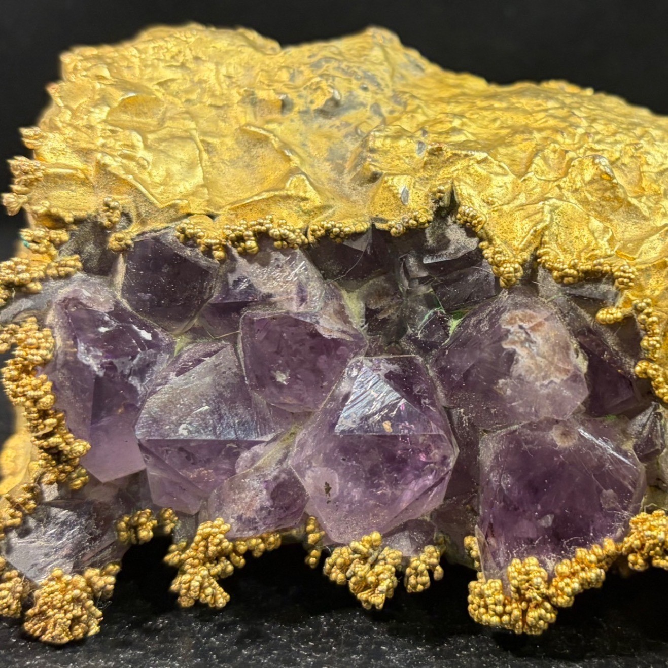 Vintage Brutalist Amethyst Geode Gold Gilt Metal Casing Mineral Specimen Decor