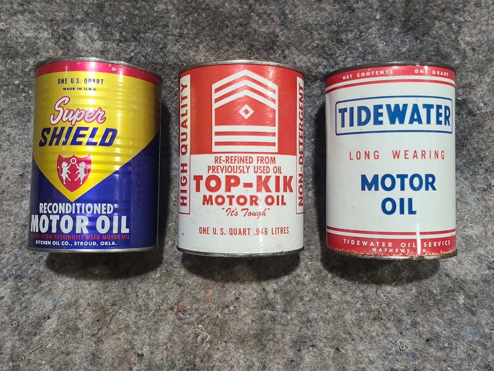 Super Shield Top-Kik Tidewater Vintage 1 Quart Motor Oil Can Lot of 3 Gas & Oil