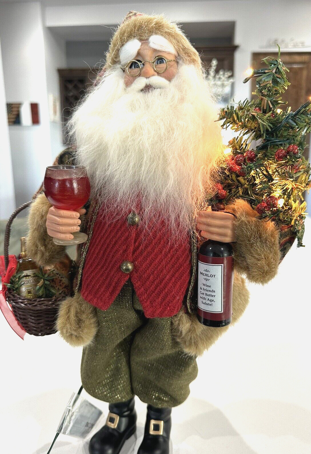 Karen Didion Original Christmas Santa Wine and Friends Merlot & Chardonnay 17.5”