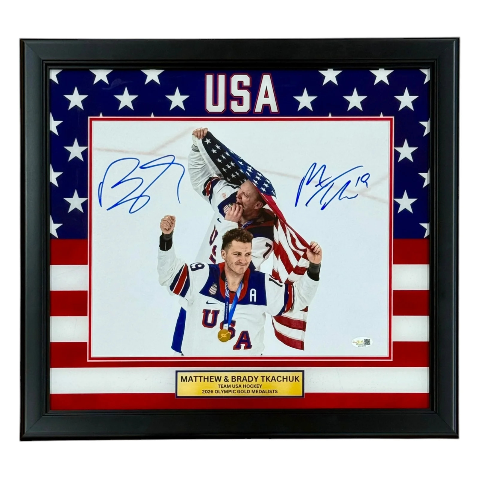 Matthew Tkachuk & Brady Tkachuk Autographed Deluxe Framed Team USA Olympic Gold Matthew Tkachuk & Brady Tkachuk Autographed Deluxe Framed Team USA Olympic Gold