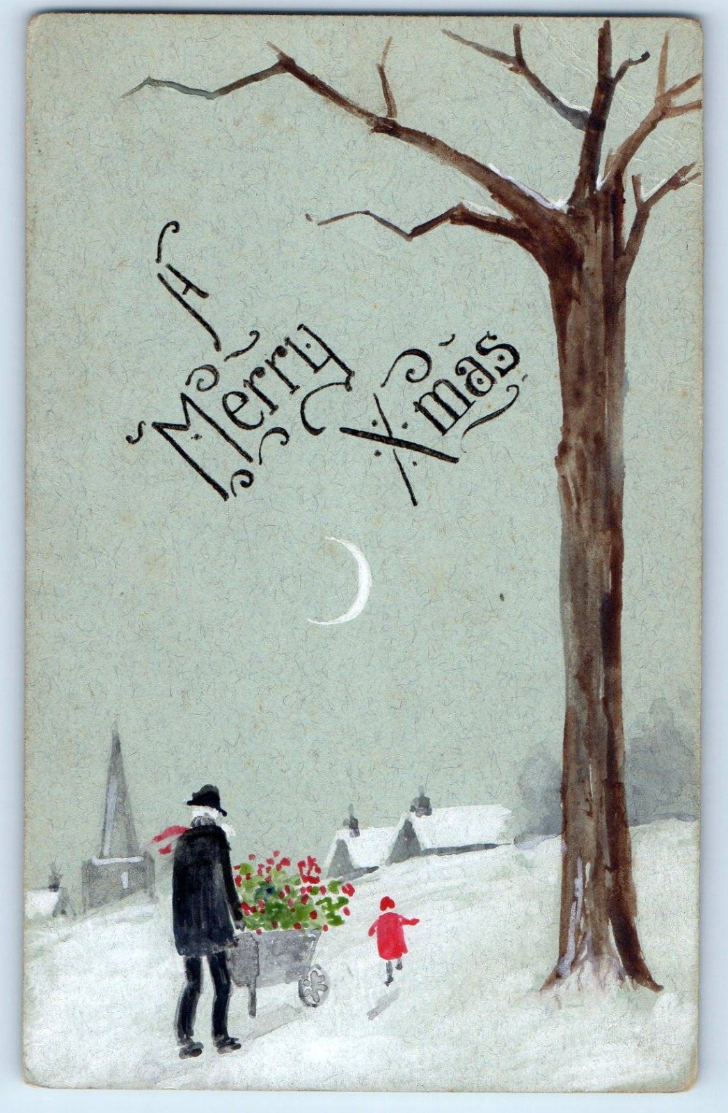 c1910's Christmas Man Pushing Wheelbarrow Berries Winter Hand Drawn Art Postcard c1910's Christmas Man Pushing Wheelbarrow Berries Winter Hand Drawn Art Postcard