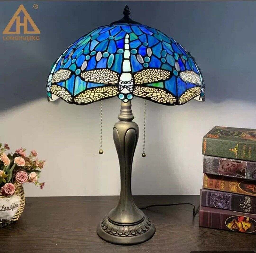 Baroque Table Lamp Tiffany Dragonfly Blue color Stained Glass LED lamp H22