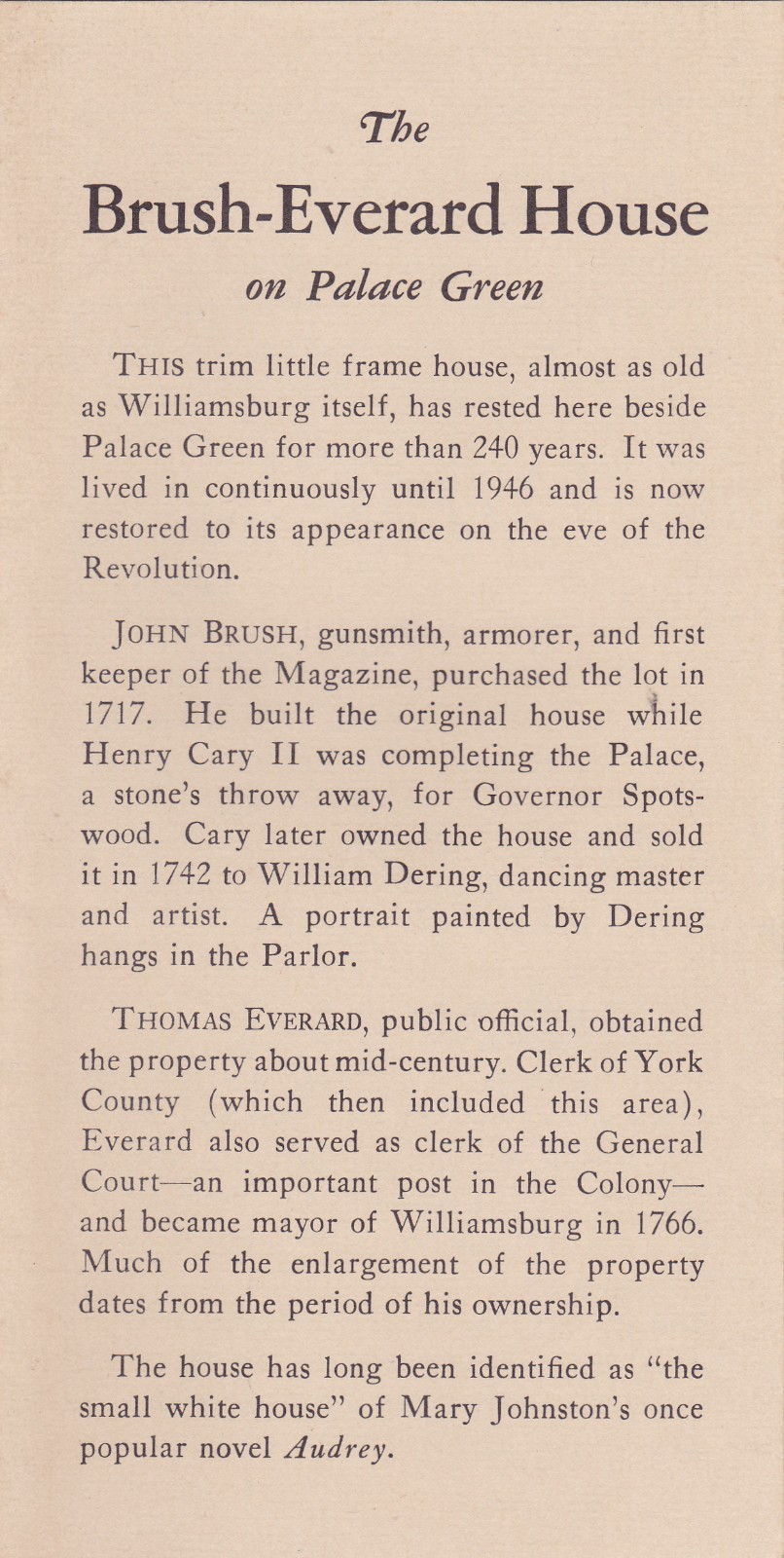 1950\'s The Brush-Everard House Williamsburg Virginia Brochure