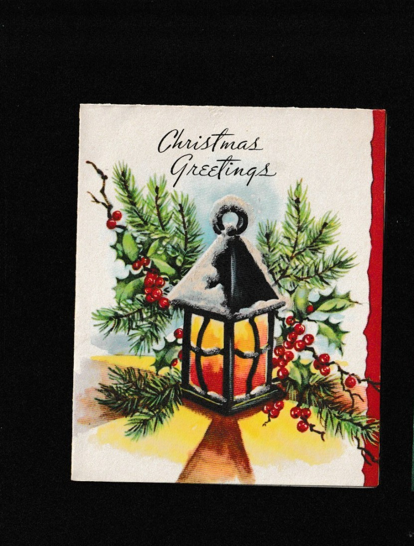 Vtg Greeting Card Merry Christmas Mica Light Post Pine Holly Berries NOS Vtg Greeting Card Merry Christmas Mica Light Post Pine Holly Berries NOS