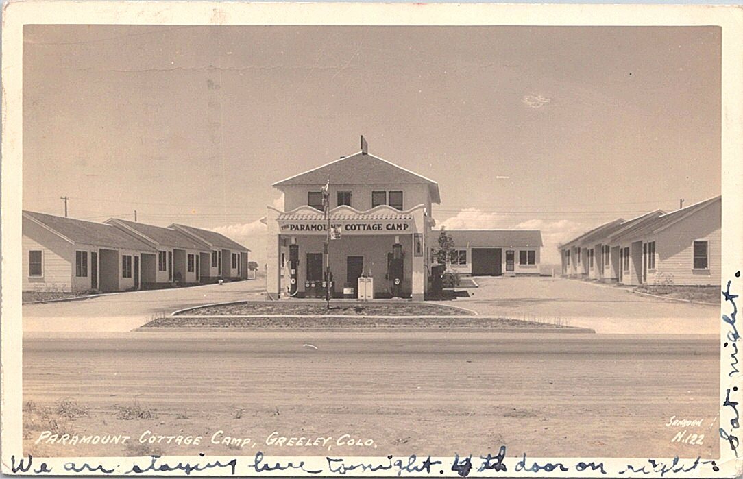 RPPC Greeley CO Paramount Cottage Camp Roadside Gas Station motel 1935