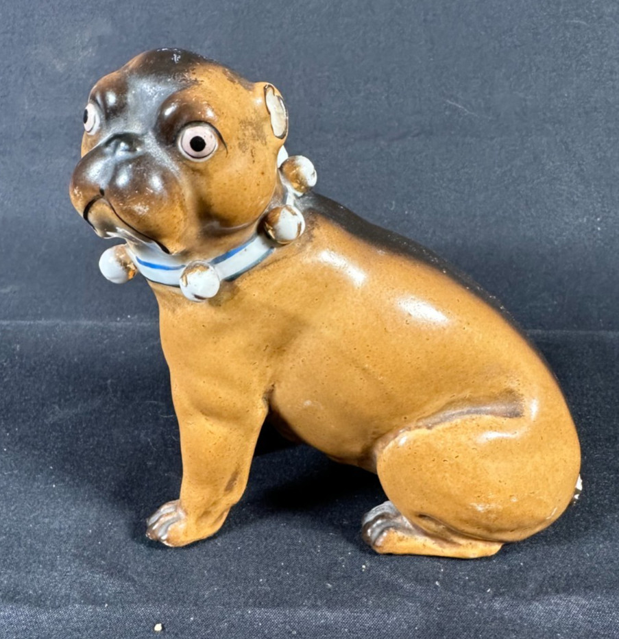 Antique Conta Boehme German Porcelain Pug Dog Figurine 1560 Bell Collar 1880s
