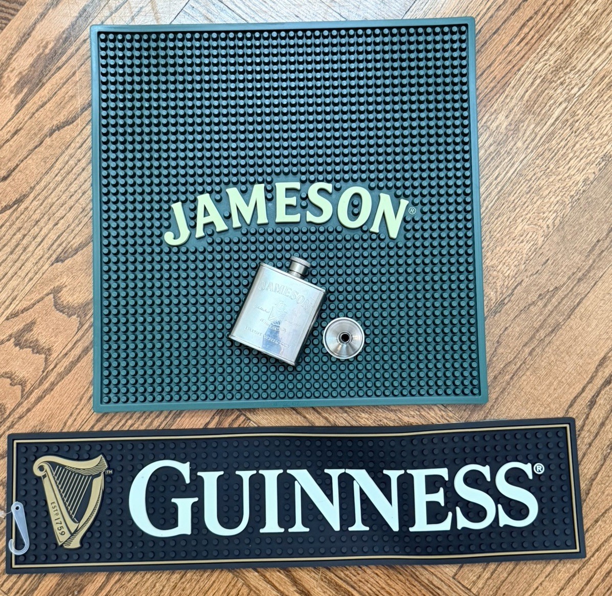 Guinness and Jamison Rail Bar Rubber Spill Mat plus small flask