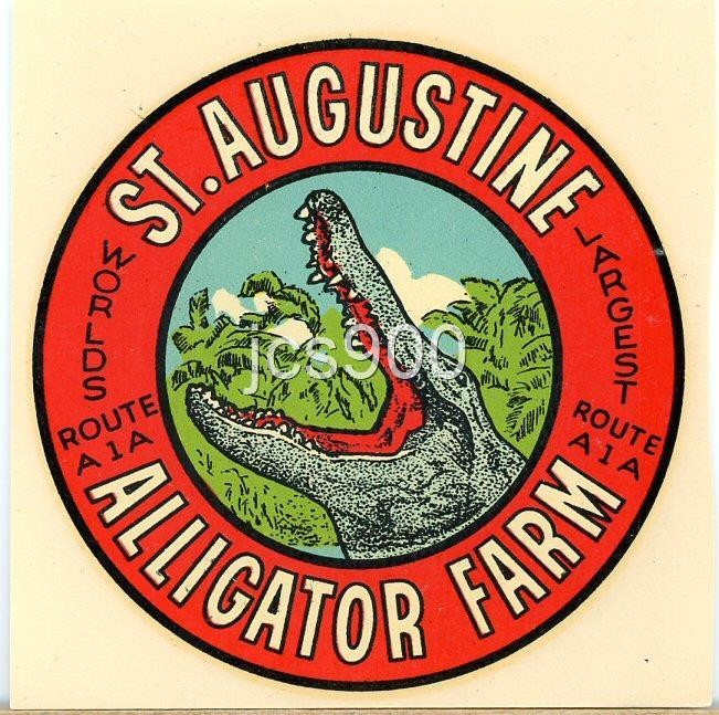 VINTAGE ST. AUGUSTINE ALLIGATOR FARM FLORIDA STATE TRAVEL DECAL GOLDFARB 1946
